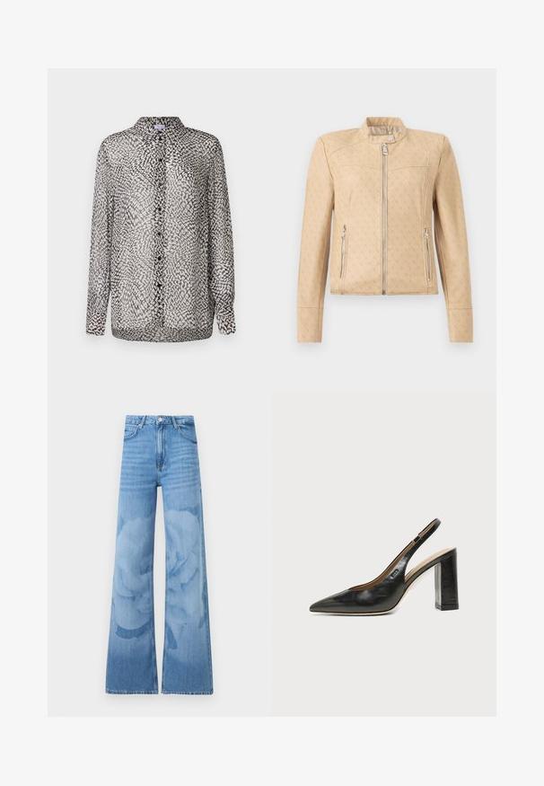 Beige jas met ritssluiting en subtiel all-over monogram, opstaande kraag met drukknoop en ritszakken aan de zijkant.; Transparante zwart-witte blouse met knoopsluiting aan de voorkant, lange mouwen en een abstract patroon met variërende texturen.; Lichtblauwe wijduitlopende jeans met hoge taille, knoopsluiting aan de voorkant en zakken, met een subtiel bloemenwaseffect op de pijpen.; Zwarte leren slingback schoen met spits toelopend neusje, hoge blokhak en beige binnenvoering tegen een effen lichte achtergrond.