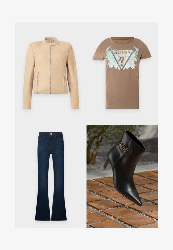 Beige jas met ritssluiting en subtiel all-over monogram, opstaande kraag met drukknoop en ritszakken aan de zijkant.; Bruine T-shirt met korte mouwen, voorzien van een groot versierd driehoekig logo, blauwgroene bladeren en de tekst "GUESS U.S.A" aan de voorkant.; Donkerblauwe uitlopende spijkerbroek gemaakt van denim, met een hoge taille, vijf zakken en gouden naden. De pijpen zijn wijd en lichtelijk rafelig.; Zwarte leren enkellaars met spitse neus en een kleine hak. Bevat een gouden kettingaccent bij de enkel. Omringd door een gestructureerd stenen oppervlak.