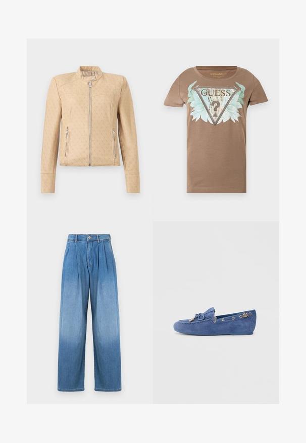 Veste beige zippée avec un motif monogramme discret sur l'ensemble, col montant avec bouton-pression et poches latérales zippées.; T-shirt marron à manches courtes avec un grand logo triangulaire orné, des feuilles bleu-vert et le texte "GUESS U.S.A" sur le devant.; Pantalon en denim bleu clair avec taille haute, coupe large et décontractée, et plis sur le devant. Comprend une fermeture à bouton et zip.; Mocassin en daim bleu avec un bout arrondi, accent nœud, et œillets dorés ornés d'un logo décoratif sur le talon.
