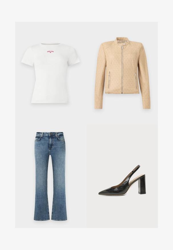 Veste beige zippée avec un motif monogramme discret sur l'ensemble, col montant avec bouton-pression et poches latérales zippées.; T-shirt blanc à manches courtes en côte, avec un petit texte rouge "GUESS JEANS" et un logo en forme d'étoile centrés près de l'encolure.; Jean en denim bleu avec une taille haute, fermeture à boutons et zip, poches avant, et jambes légèrement évasées.; Chaussure slingback en cuir noir à bout pointu avec un talon bloc haut et une doublure intérieure beige sur un fond clair uni.