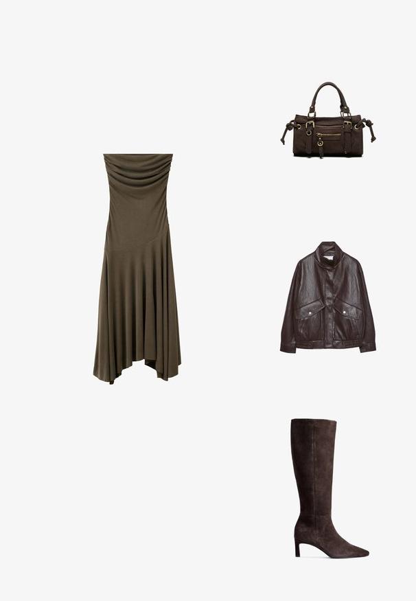 Bruine leren jas met hoge kraag, twee grote voorklikzakken, drukknopfittingen en een elastische tailleband. Gelaagd, matte afwerking.; Donkergroene strapless jurk met geplooid lijfje en asymmetrische zoom, vloeiende rok met zacht gedrapeerde stof.; Bruine suede kniehoge laars met een puntige neus en een hak van 7,5 cm. Glad textuur, slanke silhuet en minimalistisch ontwerp.; Donkerbruine leren handtas met dubbele handvatten, voorvak met ritssluiting, decoratieve gespen en zijknopen op een witte achtergrond.