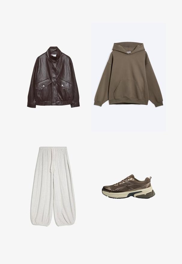Bruine leren jas met hoge kraag, twee grote voorklikzakken, drukknopfittingen en een elastische tailleband. Gelaagd, matte afwerking.; Bruine oversized hoodie met kangaroovak aan de voorkant en geribbelde manchetten, getoond op een effen lichte achtergrond.; Lichtgrijze sweatpants met wijde pijpen, elastische tailleband, trekkoord en elastische boorden bij de enkels, plat gelegd op een witte achtergrond.; Bruine mesh sportschoen met beige dikke zool en zwarte profiel, gedetailleerde zijstrepen en veters, gezien vanaf de buitenkant.