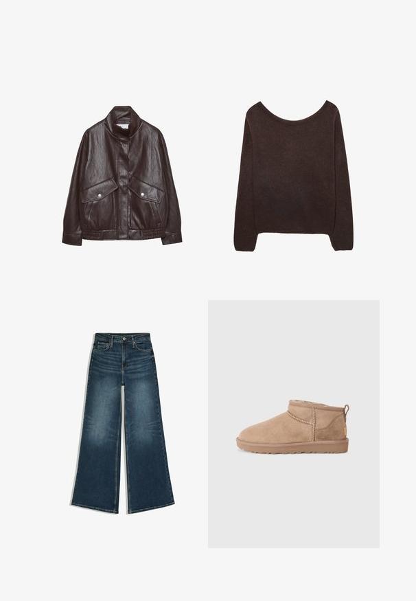 Brun læderjakke med højt krave, to store forlommer, trykknapdetaljer og elastisk talje. Tekstureret, mat finish.; Brun strikket sweater med off-shoulder halsudskæring, lange ærmer og ribbede manchetter. Blød tekstur med en glat overflade.; Blå vidde jeans med knapper foran og lommer, lagt fladt på en hvid baggrund.; Brune ruskinds ankler støvler med blød indvendig foring, quiltede detaljer og en struktureret gummisål for godt greb. Sløjfe bagpå for nem påtagning.