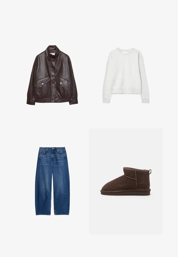 Brun læderjakke med højt krave, to store forlommer, trykknapdetaljer og elastisk talje. Tekstureret, mat finish.; Lysegrå langærmet crewneck-trøje med ribbede manchetter og kant, lavet af blødt strikket stof, vist på hvid baggrund.; Bredde ben blå denim jeans med mellemhøj talje, fem lommer og knaplukning. Stoffet har en let tekstur med falmede detaljer.; Bianco BIASNOW - Ankelstøvler - dark brown