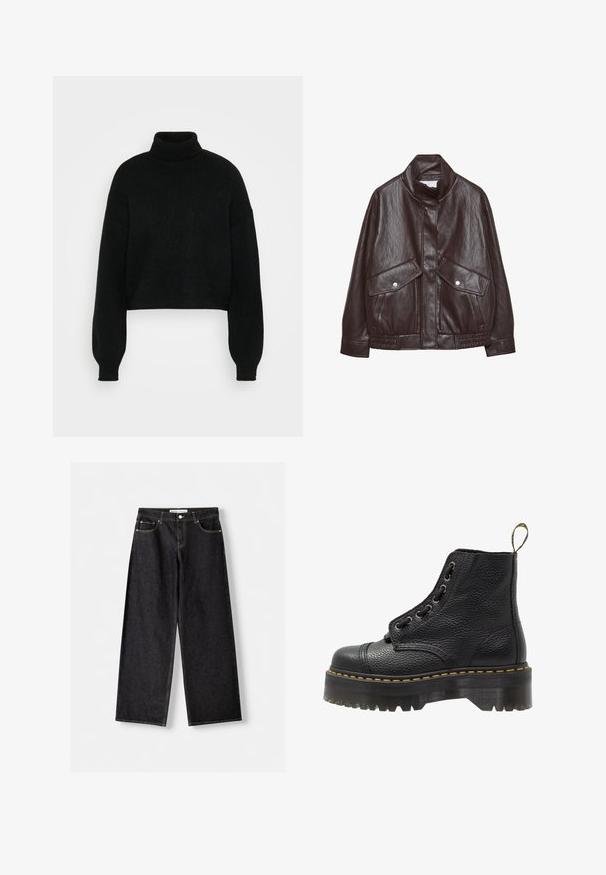 Brun læderjakke med højt krave, to store forlommer, trykknapdetaljer og elastisk talje. Tekstureret, mat finish.; Sort cropped sweater med høj krave, ribbet tekstur og brede ærmer. Lavet af blødt strikmateriale. Simpelt design uden mønstre.; Sorte vidde bukser i denim med forlommer og sølvfarvet knaplukning, lagt fladt på en lysegrå baggrund.; Sorte læder ankelstøvler med tekstureret overflade, rund tå, snørebåndsdesign, gule stikninger og en tyk, rillet sort platformsål.