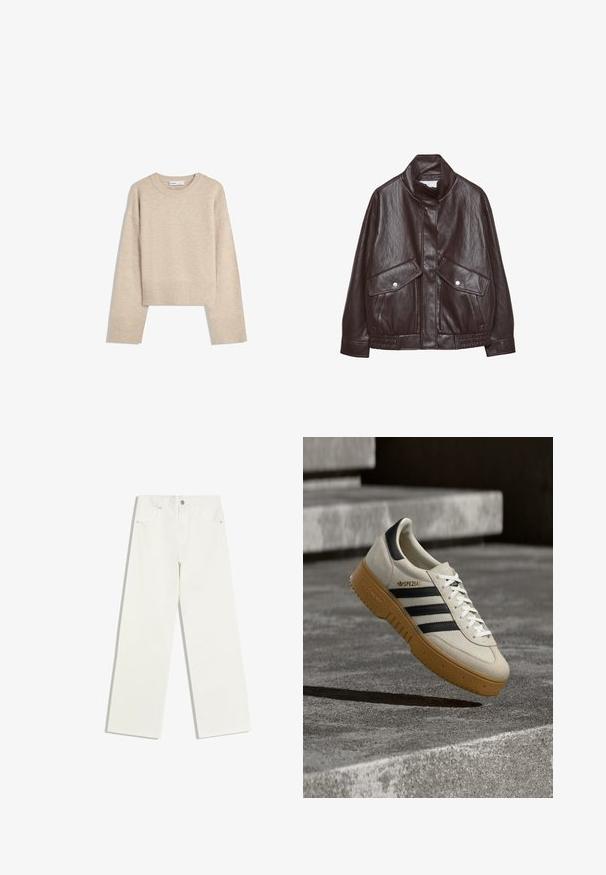 Bruine leren jas met hoge kraag, twee grote voorklikzakken, drukknopfittingen en een elastische tailleband. Gelaagd, matte afwerking.; Beige cropped sweater gemaakt van zacht breimateriaal. Heeft een ronde halslijn, lange mouwen en geribde boorden en onderkant voor extra textuur.; Witte jeans met hoge taille en rechte pijpen, met voorzakken en een knoopsluiting op een witte achtergrond.; Beige suède sneaker met zwarte strepen, witte veters en een zool van gumrubber. Heeft "SPEZIAL" branding aan de zijkant.