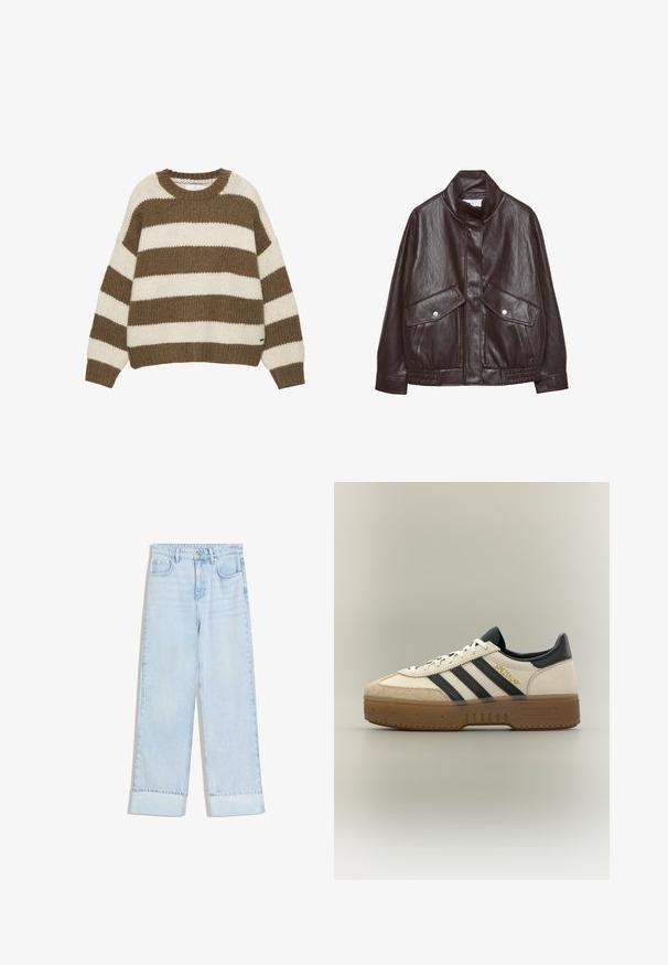 Veste en cuir marron avec un col haut, deux grandes poches avant, des accents de boutons-pression et une taille élastiquée. Fini texturé et mat.; Pull en maille rayé marron et crème avec un col rond, une coupe oversize, et des poignets et un ourlet côtelés. Tissu doux et texturé.; Jean en denim bleu clair avec une taille haute, une coupe à jambes larges, des revers roulés et deux poches avant. Le tissu présente une texture légèrement délavée.; Baskets blanches Adidas avec bandes noires, bout en daim beige, semelle marron et "SPEZIAL" en lettres dorées sur le côté.