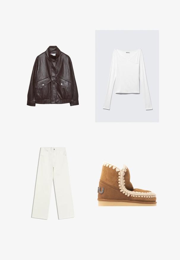 Veste en cuir marron avec un col haut, deux grandes poches avant, des accents de boutons-pression et une taille élastiquée. Fini texturé et mat.; Haut blanc à manches longues avec un design croisé et une poche. Fabriqué dans un tissu lisse et extensible. Coupé dans une coupe décontractée et ample.; Jean blanc taille haute, jambes droites, avec poches avant et fermeture à bouton sur fond blanc.; Bottine en daim marron avec une couture décorative crème le long du bord supérieur et un détail de logo métallique sur le côté extérieur. Semelle plate.