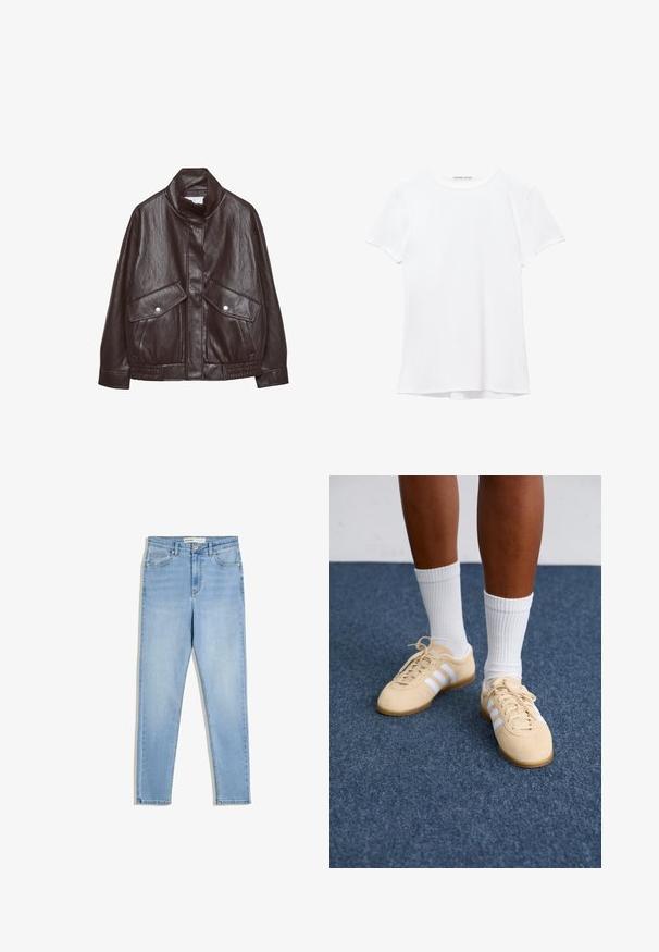 Brun læderjakke med højt krave, to store forlommer, trykknapdetaljer og elastisk talje. Tekstureret, mat finish.; Hvid kortærmet t-shirt lavet af glat stof, med rund halsudskæring og diskrete syninger ved kanten.; Lyseblå denimjeans med høj talje, slanke ben, frontlommer og lynlåsgylf. Stoffet har en subtil falmet vask.; Person i beige Adidas sneakers med hvide striber og hvide ankelstrømper, stående på et blåt tæppe.