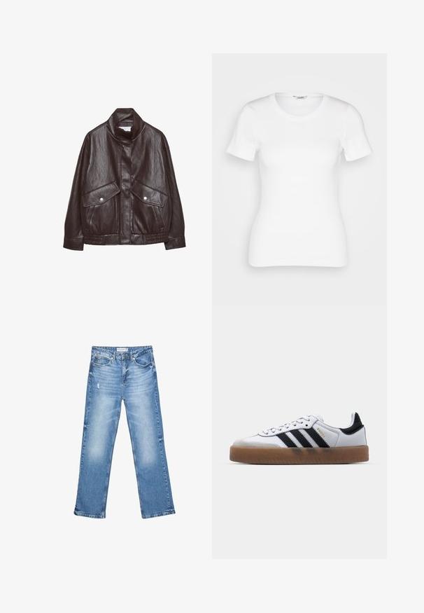 Veste en cuir marron avec un col haut, deux grandes poches avant, des accents de boutons-pression et une taille élastiquée. Fini texturé et mat.; T-shirt en coton blanc avec des manches courtes, un col rond et une texture côtelée. Design ajusté avec une finition lisse et nette.; Jean en denim bleu clair, coupe droite, avec des zones délavées et une légère usure. Comprend cinq poches et une fermeture à bouton classique.; Baskets en cuir blanc avec des rayures noires, semelle extérieure en caoutchouc beige, bout rond, fermeture lacée et embout en suède gris doux.