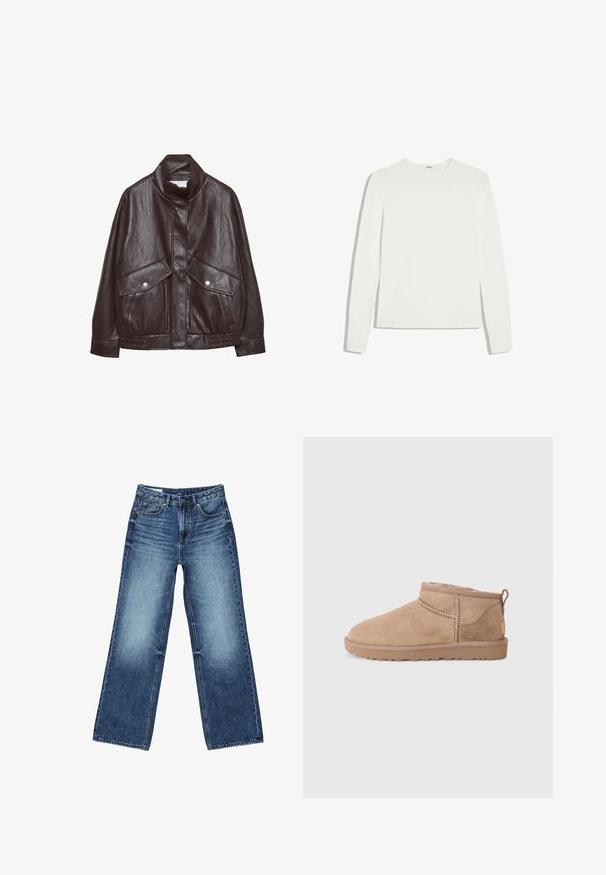 Veste en cuir marron avec un col haut, deux grandes poches avant, des accents de boutons-pression et une taille élastiquée. Fini texturé et mat.; T-shirt blanc uni à manches longues avec col rond et coupe ajustée, posé à plat sur un fond blanc.; Jean denim bleu à jambes larges avec poches avant et poche monnaie, fermeture à boutons, et lavage délavé sur les cuisses et les genoux.; Bottines en daim marron avec un intérieur en douceur, un détail de couture et une semelle en caoutchouc texturée pour une meilleure adhérence. Une boucle à l'arrière pour un enfilage facile.
