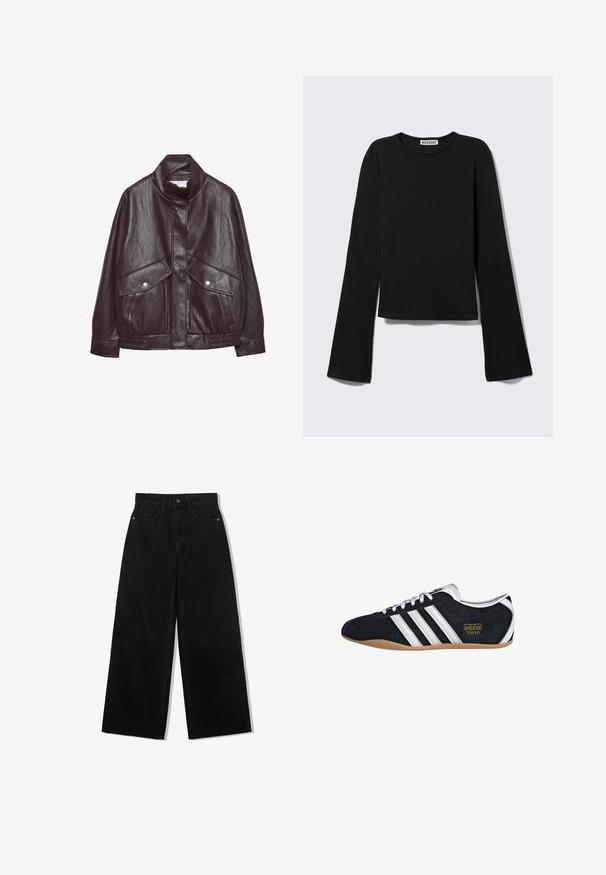 Braune Lederjacke mit hohem Kragen, zwei großen Fronttaschen, Druckknopf-Details und elastischem Bund. Strukturierte, matte Oberfläche.; Schwarzes Langarmshirt mit Rundhalsausschnitt, figurbetonter Silhouette und leicht ausgestellten Ärmeln, gekennzeichnet mit einem "Weekday" Markenetikett im Nacken.; Schwarze, weit geschnittene Jeans aus Denim mit hoher Taille, die ein Fünf-Taschen-Design und einen einzelnen Knopfverschluss vorne aufweist.; Schwarze Wildledersneaker mit drei weißen Streifen, goldenem Logo und brauner Gummisohle. Merkmale ein niedrigprofiliertes Schnürdesign.
