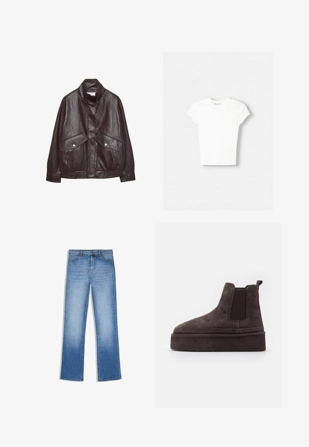 Veste en cuir marron avec un col haut, deux grandes poches avant, des accents de boutons-pression et une taille élastiquée. Fini texturé et mat.; T-shirt blanc à manches courtes en coton doux, avec un col rond et une coupe ajustée. Pas de motifs ni d'ornements visibles.; Jean en denim bleu à taille haute et coupe droite, avec poches avant et fermeture par boutons.; Bottes Chelsea en suède marron avec des panneaux latéraux élastiques et une semelle épaisse et texturée. Elles comportent une languette au talon pour un enfilage facile.