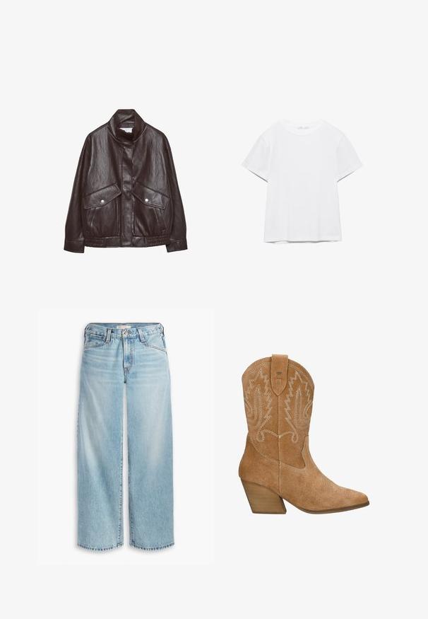 Veste en cuir marron avec un col haut, deux grandes poches avant, des accents de boutons-pression et une taille élastiquée. Fini texturé et mat.; T-shirt blanc uni à manches courtes et col rond, avec un ourlet droit, présenté sur un fond blanc.; Jean large bleu clair en denim, avec une taille haute, une fermeture à boutons et un ourlet effilé. Coutures visibles et poches.; Wojas R.36 - Bottines de cowboy / motard - light brown