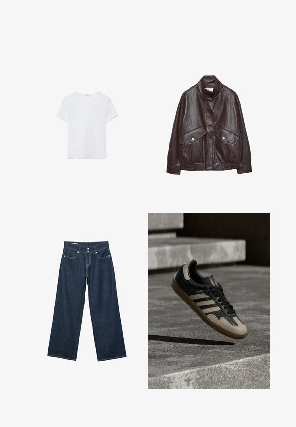 Veste en cuir marron avec un col haut, deux grandes poches avant, des accents de boutons-pression et une taille élastiquée. Fini texturé et mat.; T-shirt blanc à manches courtes en tissu doux. Dispose d'un col rond et d'un design simple et épuré avec un ourlet droit.; Jeans en denim bleu foncé à jambes larges avec fermeture à double bouton, poches avant et surpiqûres contrastantes sur fond blanc.; Baskets en cuir noir et beige avec trois bandes blanches, semelle en caoutchouc beige et détail en or "Samba" sur le côté.