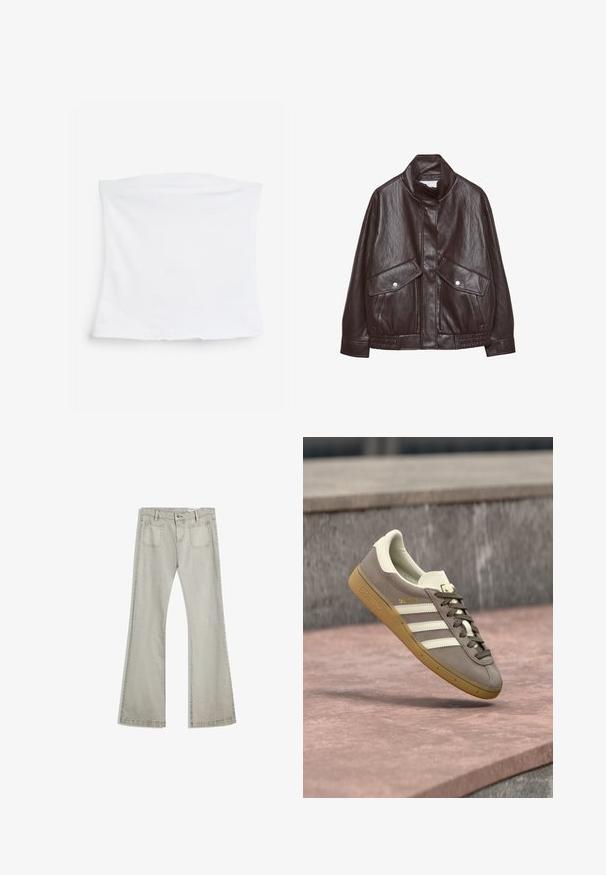 Veste en cuir marron avec un col haut, deux grandes poches avant, des accents de boutons-pression et une taille élastiquée. Fini texturé et mat.; Haut tube blanc extensible en tissu de coton doux. Design simple avec une coupe droite et une texture lisse, sans motifs ni accents visibles.; Jean évasé en denim gris clair, avec une fermeture à bouton, cinq poches et des détails de couture subtils le long des coutures.; Baskets Adidas en suède marron clair avec des rayures blanches et une semelle gomme, suspendues au-dessus de marches en pierre rose en plein air.