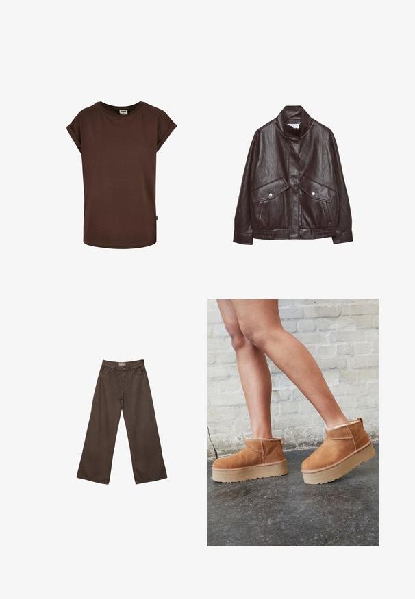Veste en cuir marron avec un col haut, deux grandes poches avant, des accents de boutons-pression et une taille élastiquée. Fini texturé et mat.; T-shirt en coton marron avec des manches courtes roulées, un col rond et une coupe ample. Présente une petite étiquette sur la couture latérale.; Pantalons en denim marron à coupe large avec un design classique à cinq poches, dotés d'une fermeture à bouton et d'une texture lisse.; Bottines en suède marron avec une doublure en peluche, semelle épaisse en beige et une poignée à l'arrière. Surface texturée avec des détails de couture visibles.