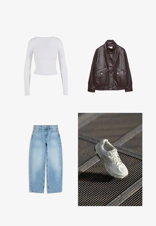 Brun læderjakke med højt krave, to store forlommer, trykknapdetaljer og elastisk talje. Tekstureret, mat finish.; Hvid langærmet cropped top med rund halsudskæring, lavet af et glat, strækbart stof, med en tætsiddende pasform og ingen synlige lukninger.; Lyseblå jeans med vide bukseben, forlommer, bæltestropper og knaplukning på hvid baggrund.; Hvide Nike løbesko med overdel i mesh og syntetisk materiale, som hviler på metalristgulv i blødt naturligt lys.
