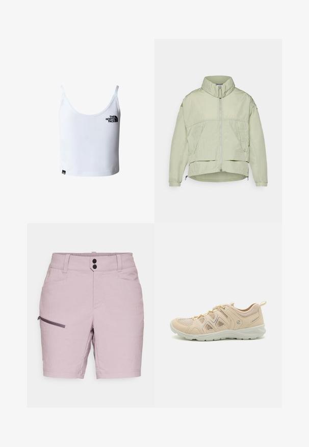 Lichtgroene, lichte jas met een hoge kraag, voorrits, twee zijzakken en een verstelbare zoom. Gladde textuur met een ontspannen pasvorm.; Witte cropped tanktop met dunne bandjes, met het zwarte The North Face-logo op de borst en vlak bij de onderzoom.; Lichtpaarse shorts met een gladde textuur, voorzien van een ritszak aan de zijkant, twee voorzakken en een tailleband met twee knopen.; Beige sportschoenen met gaaspanelen, getextureerde accenten en een rubberen zool. Voorzien van een vetersluiting en een trekband aan de hiel.