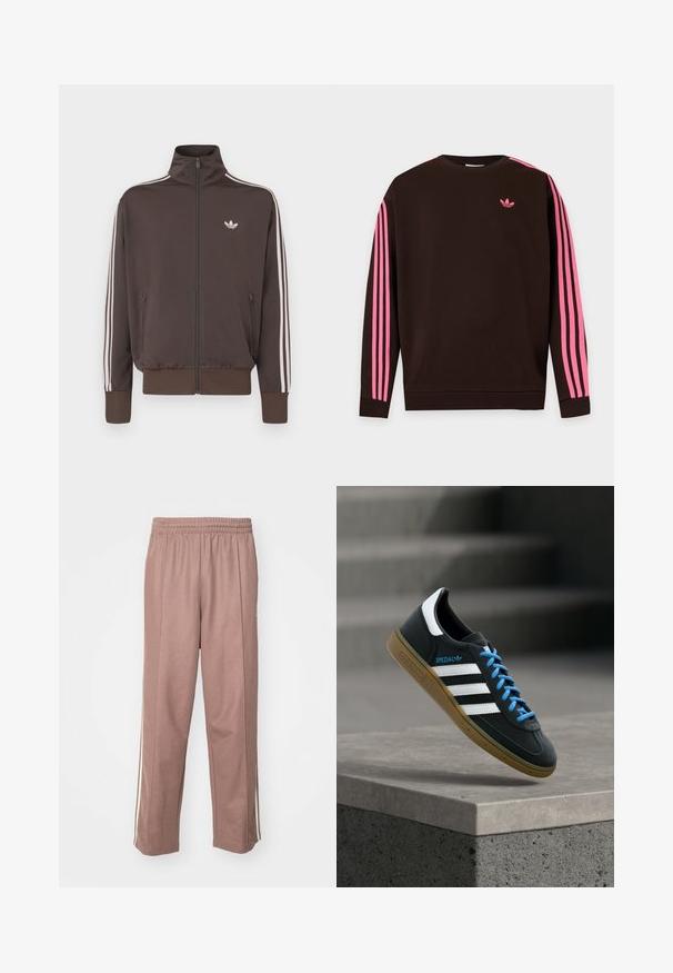 Braune Trainingsjacke mit Reißverschluss, hohem Kragen, weißen Seitenstreifen und Logo auf der Brust. Verfügt über zwei vordere Reißverschlusstaschen und gerippte Bündchen.; Dunkelbraunes Sweatshirt mit langen Ärmeln, pinken Streifen an den Ärmeln und kleinem pinkfarbenem Adidas-Logo auf der linken Brust.; Helle rosa Sporthosen mit elastischem Bund, seitlichen Streifen und geradem Bein. Hergestellt aus weichem, dehnbarem Material.; Schwarzer Adidas-Sneaker mit weißen Streifen, blauen Schnürsenkeln und Gummisohle, der über einer grauen Betontreppe im weichen Licht schwebt.