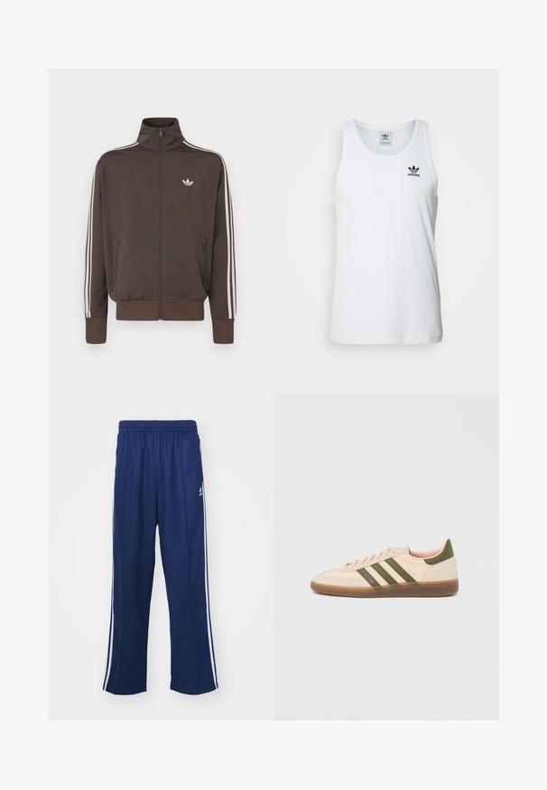 Brun lynlås-trackjakke med høj krave, hvide sidestriber og logo på brystet. Har to lynlåslommer foran og ribkantede ærmer.; Hvid ribbet tanktop med rund halsudskæring, sort Adidas-logo på venstre bryst og uden ærmer. Blødt bommateriale, afslappet pasform.; Marineblå sportbukser med en afslappet pasform, udstyret med hvide sidestativer og elastisk talje. Glat stof, ingen synlige mønstre eller hardware.; Beige Adidas Spezial sneaker med lav profil, grønne striber, gummisål og "SPEZIAL"-branding på siden, vist fra ydersiden.