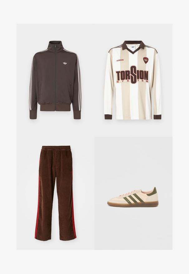 Pruun lukuga spordijakk kõrge kraega, valgete küljeribade ja rinnal oleva logoga. Lisafunktsioonidena kaks lukuga esitaskut ja soonikkoes mansetid.; Beige ja valgete triipudega pikade varrukatega jalgpallipusa; varustatud pruunide kaeluse ja mansettidega, suure punase "TORSION SYSTEM" logoga ning adidas'i brändinguga.; Pruunid kootud püksid elastse elastse vöökohtadega, punaste külgribadega ja sirgete jalgadega. Tekstuuriga kangas koos peente ribade detailidega.; Madalprofiilne beež Adidas Spezial toss rohelist värvi triipude, kummist tallaga ja "SPEZIAL" brändinguga küljel, nähtav välisküljelt.
