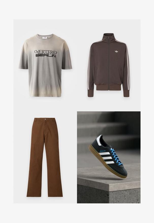 Braune Trainingsjacke mit Reißverschluss, hohem Kragen, weißen Seitenstreifen und Logo auf der Brust. Verfügt über zwei vordere Reißverschlusstaschen und gerippte Bündchen.; Grau verlaufendes T-Shirt mit kurzen Ärmeln, das einen schwarzen Druck von "VERTERE BERLIN" in einer stilisierten Schriftart aufweist, mit weicher Textur und lockerer Passform.; Braune Baumwollhosen mit gerader Beinform, Knopfverschluss und zwei Vorderaschen. Glatte Textur ohne sichtbare Muster oder Verzierungen.; Schwarzer Adidas-Sneaker mit weißen Streifen, blauen Schnürsenkeln und Gummisohle, der über einer grauen Betontreppe im weichen Licht schwebt.