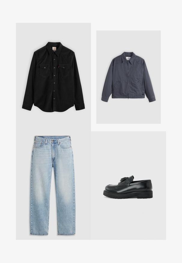 Chaqueta gris oscuro con cierre de cremallera en la parte frontal, collar puntiagudo, dos bolsillos laterales y detalles de costura sutiles. Fabricada con una tela suave.; Camisa de pana negra con mangas largas, cierre de botones, dos bolsillos en el pecho y cuello puntiagudo. Tejido texturizado con un acabado suave.; Jeans rectos de color azul claro con cinco bolsillos, cierre de botón de metal y detalles deslavados en los muslos y las rodillas, dispuestos sobre un fondo blanco.; Mocasín de cuero negro con borlas, suela de caucho gruesa y tacón bajo, mostrado de perfil sobre un fondo liso.
