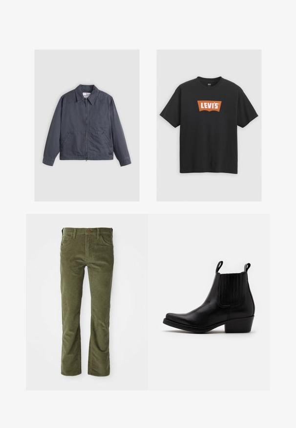 Mørkegrå jakke med lynlås foran, spids krave, to sidelommer og subtile syninger. Fremstillet af et glat stof.; Sort bomulds t-shirt med et stort orange Levi's logo på forsiden, korte ærmer og rund halskrave.; Olivengrønne fløjlsbukser med forlommer, bæltestropper, knaplukning og let udvidelse ved benåbningerne.; Kentucky's Western Cowboy- / bikerstøvlette - black