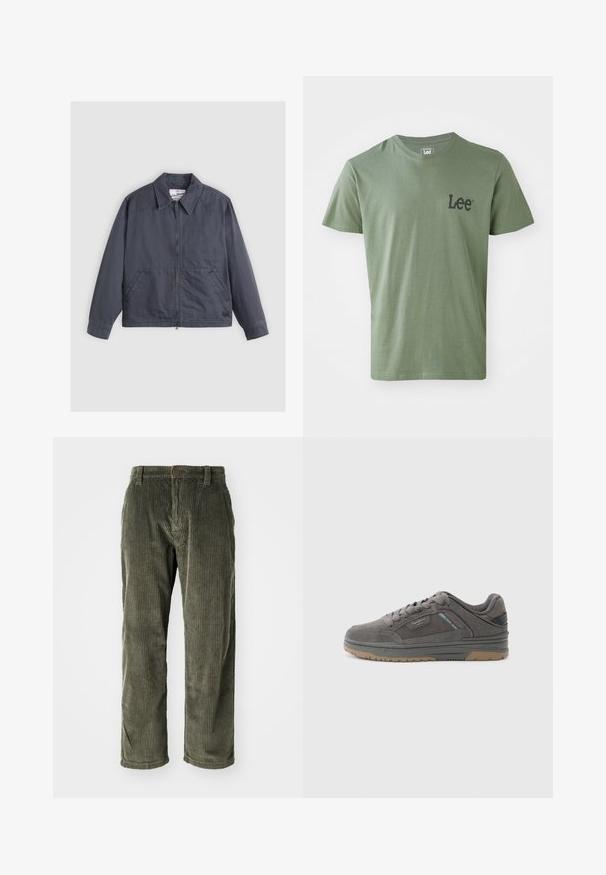 Mørkegrå jakke med lynlås foran, spids krave, to sidelommer og subtile syninger. Fremstillet af et glat stof.; Lee T-shirts print - olive stone; Olivengrønne fløjlsbukser med lodrette ribber, der har knaplukning og lige ben. Blød tekstur med en klassisk pasform.; Grå sneakers lavet af ruskind med en struktureret overdel, gummisål og diskrete brandingdetaljer. Lavprofil design med snørelukning.