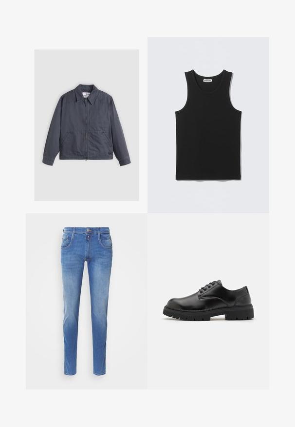 Dunkelgrau Jacke mit durchgehendem Reißverschluss, spitzem Kragen, zwei Seitentaschen und feinen Nähten. Hergestellt aus einem glatten Stoff.; Schwarzes ärmelloses, geripptes Tanktop mit rundem Ausschnitt und Weekday-Markenlabel auf der Innenseite des Rückkragens.; Blaue Denim-Jeans mit slim fit. Sie verfügen über fünf Taschen, einen Frontknopfverschluss und leichte Abnutzungen an den Beinen. Gerade Beinschnitt.; Schwarze Lederschuhe mit runder Zehenform, Schnürdesign und einer dicken, strukturierten Gummisohle. Sie verfügen über eine Naht entlang des Randes und haben eine glatte Oberfläche.