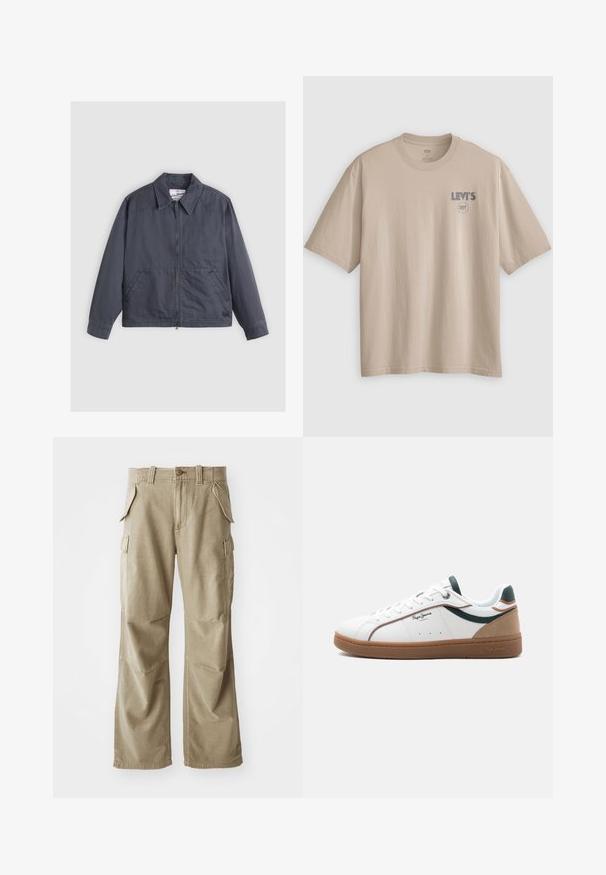 Mørkegrå jakke med lynlås foran, spids krave, to sidelommer og subtile syninger. Fremstillet af et glat stof.; Beige bomuld t-shirt med korte ærmer, rund hals og "Levi's 501" logo trykt i grå på øverste venstre bryst. Glat tekstur.; Beige cargo bukser lavet af slidstærkt stof, med en afslappet pasform, flere sidelommer og forstærkede knæ. Flad frontdesign.; Hvid lavtop sneaker med brun sål, grønne og beige accenter, hvide snørebånd og "Pepe Jeans London"-logo på siden.