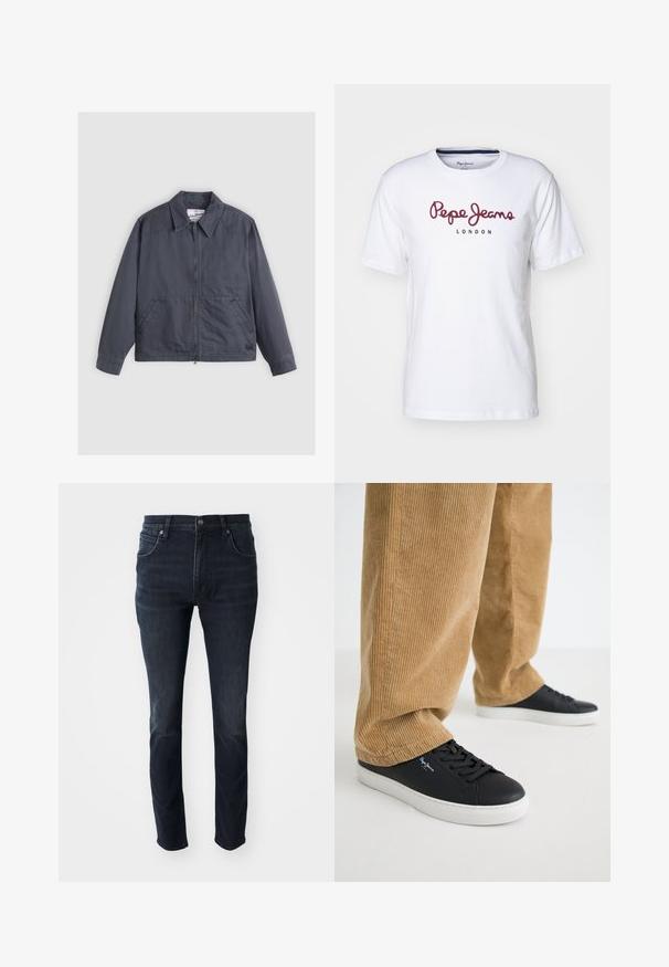 Mørkegrå jakke med lynlås foran, spids krave, to sidelommer og subtile syninger. Fremstillet af et glat stof.; Hvid bomulds t-shirt med maroon "Pepe Jeans" logo og teksten "LONDON", rund hals, korte ærmer og en afslappet pasform.; Mørkeblå denimjeans med lige ben, fem-lomme design og en subtil falmeeffekt på lårene, med metalknaplukning.; Sorte lædersneakers med hvide gummisåler. Båret med tanfarvede corduroybukser med vertikale ribber og en afslappet pasform.