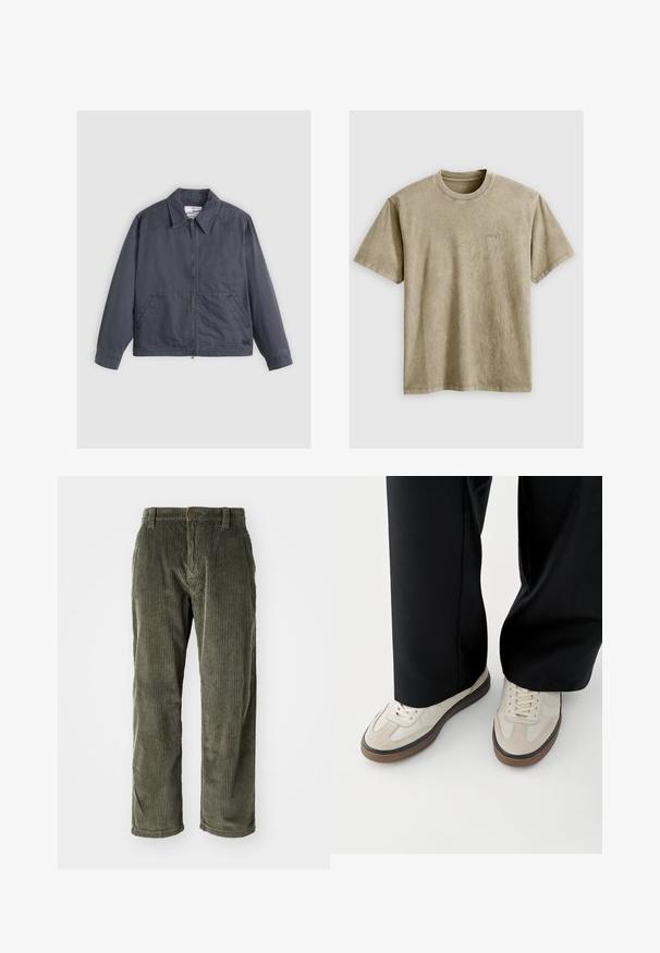 Dunkelgrau Jacke mit durchgehendem Reißverschluss, spitzem Kragen, zwei Seitentaschen und feinen Nähten. Hergestellt aus einem glatten Stoff.; Helles braunes T-Shirt mit kurzen Ärmeln und Rundhalsausschnitt, aus weichem Stoff gefertigt. Verfügt über ein kleines, gesticktes Logo auf der Brust.; Olivgrüne Cordhosen mit vertikalen Rippungen, ausgestattet mit einem Knopfverschluss und einem geraden Schnitt. Weicher Stoff mit klassischer Passform.; Füße mit beigen Sneakers mit braunen Sohlen und schwarzen Hosen mit weitem Bein auf weißem Hintergrund.