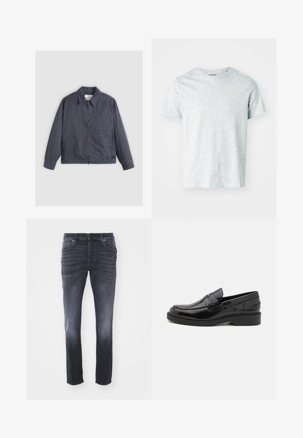 Chaqueta gris oscuro con cierre de cremallera en la parte frontal, collar puntiagudo, dos bolsillos laterales y detalles de costura sutiles. Fabricada con una tela suave.; Camiseta de manga corta gris claro, confeccionada en una tela suave, con cuello redondo y un corte ligeramente relajado. Sin patrones ni gráficos visibles.; Vaqueros de mezclilla gris oscuro con un diseño clásico de pierna recta, que incluyen bolsillos frontales, cremallera con cierre de botón y un ligero desgastado.; Mocasines de cuero negro con un acabado suave, punta redondeada, tacón bajo y costura decorativa en la parte delantera. Suela de goma para mayor agarre.
