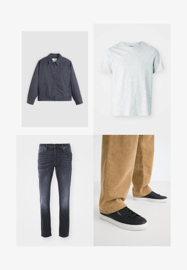 Mørkegrå jakke med lynlås foran, spids krave, to sidelommer og subtile syninger. Fremstillet af et glat stof.; Lys grå, kortærmet t-shirt lavet af blødt stof, med en rund hals og en let afslappet pasform. Ingen synlige mønstre eller grafik.; Mørkegrå denim jeans med et klassisk lige ben-design, der har forlommer, lynlåsgylp med knaplukning og subtile falmninger.; Sorte lædersneakers med hvide gummisåler. Båret med tanfarvede corduroybukser med vertikale ribber og en afslappet pasform.