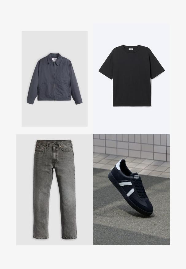 Dunkelgrau Jacke mit durchgehendem Reißverschluss, spitzem Kragen, zwei Seitentaschen und feinen Nähten. Hergestellt aus einem glatten Stoff.; Schwarzes T-Shirt mit kurzen Ärmeln und Rundhalsausschnitt in lockerer Passform, Vorderansicht, schlichtes Design und sichtbares Weekday-Label im Krageninneren.; Graue Jeans aus Denim mit geradem Bein, ausgestattet mit fünf Taschen, kupfernen Nieten und sichtbaren Nähten. Klassisches Design mit Reißverschluss.; Schwarze Leder-Sneaker mit weißen Streifen, strukturiertem Gummisohle und Schnürung. Verfügt über ein Markenetikett auf der Zunge.