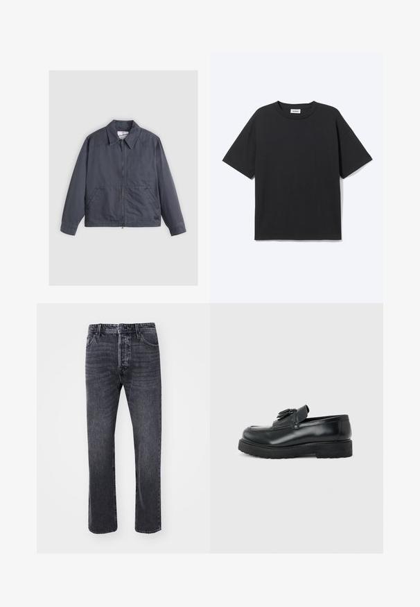 Mørkegrå jakke med lynlås foran, spids krave, to sidelommer og subtile syninger. Fremstillet af et glat stof.; Sort T-shirt med korte ærmer og rund hals med afslappet pasform, forfra, ensfarvet design og synligt Weekday-mærke inde i kraven.; Sorte denim jeans med lige pasform, der har fem lommer, knaplukning og subtile falmninger på stoffet.; Sort læderloafer med kvaster, tyk gummisål og lav hæl, vist i sideprofil på en ensfarvet baggrund.