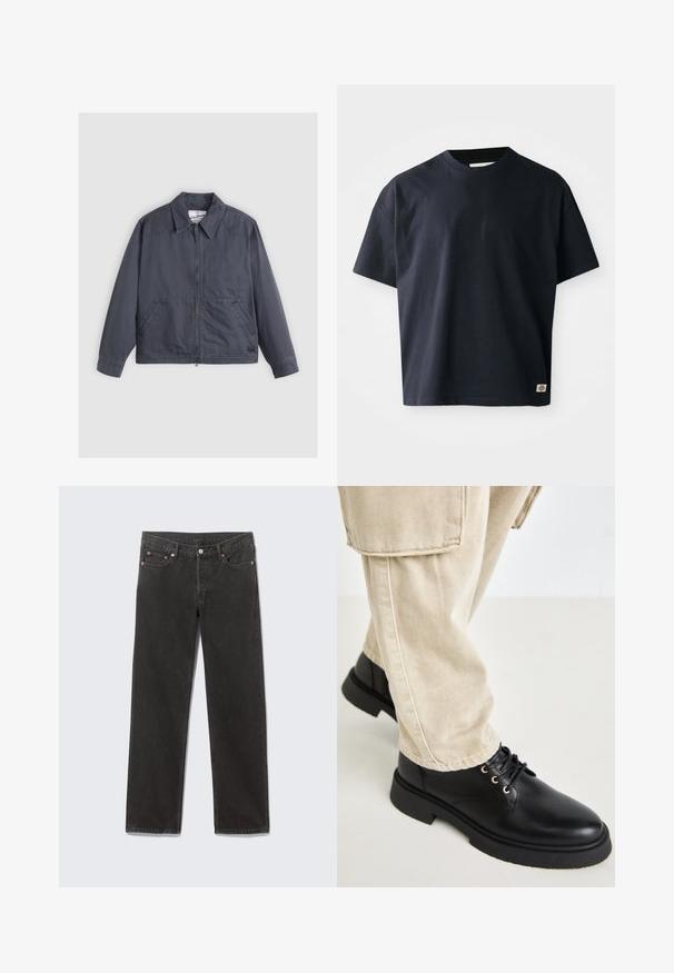 Veste gris foncé avec zip à l'avant, col pointu, deux poches latérales et détails de couture subtils. Fabriquée en tissu lisse.; T-shirt à col rond bleu marine à manches courtes avec un petit logo rectangulaire de la marque près de l'ourlet inférieur sur le côté droit à l'avant.; Jean denim noir à jambes droites avec poches avant, passants de ceinture et fermeture par bouton, disposé à plat sur un fond gris.; Steve Madden ZEKE - Bottines à lacets - black