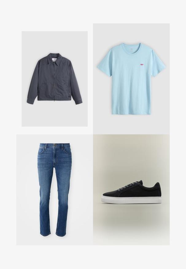 Mørkegrå jakke med lynlås foran, spids krave, to sidelommer og subtile syninger. Fremstillet af et glat stof.; Lyseblå T-shirt med korte ærmer og rund halsudskæring med lille rødt Levi's-logo på venstre bryst.; Blå denim jeans med lige snit, fem lommer og lynlås. Har subtle farvefading og kontraststing langs sømmene.; Sort lavsko-sneaker med hvid gummisål, snøredesign og polstret krave vist på en neutral grå baggrund.