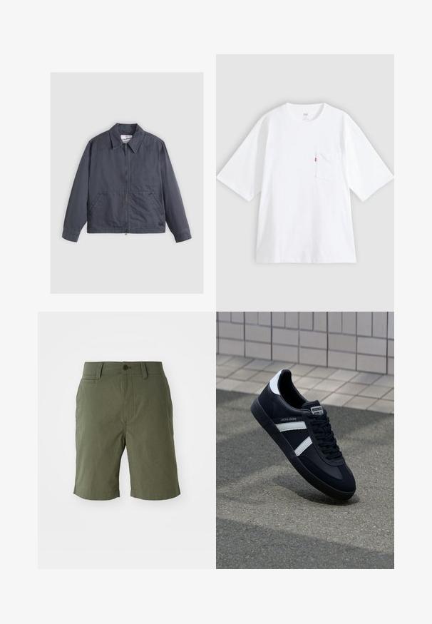 Veste gris foncé avec zip à l'avant, col pointu, deux poches latérales et détails de couture subtils. Fabriquée en tissu lisse.; T-shirt en coton blanc à manches courtes, col rond et poche poitrine gauche. Comprend une petite étiquette logo rouge sur la poche.; Shorts vert olive en tissu léger, avec un devant plat, deux poches latérales, une poche arrière unique et une fermeture à bouton.; Sneaker en cuir noir avec des rayures blanches, semelle en caoutchouc texturée et devant à lacets. Présente une étiquette de marque sur la languette.