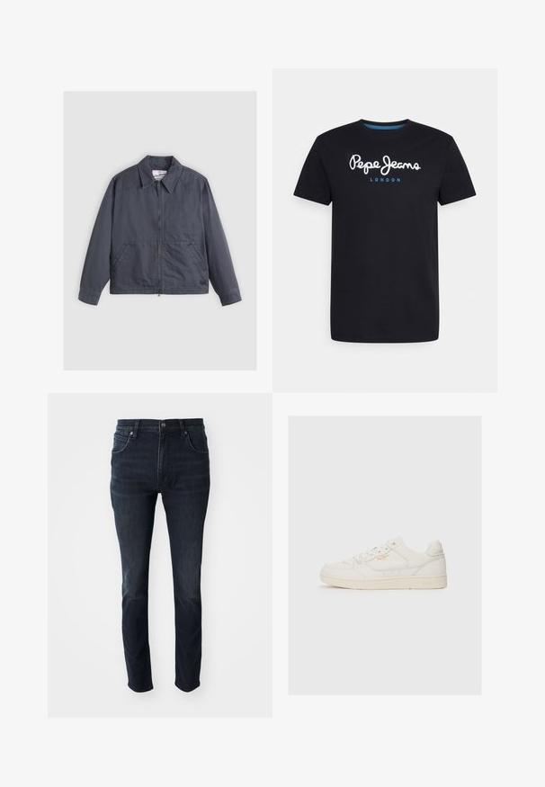 Veste gris foncé avec zip à l'avant, col pointu, deux poches latérales et détails de couture subtils. Fabriquée en tissu lisse.; T-shirt en coton noir avec un logo en script blanc "Pepe Jeans" accentué de bleu, col rond et manches courtes. Design simple et uni.; Jeans en denim bleu foncé avec une coupe droite, un design à cinq poches et un léger effet décoloré sur les cuisses, dotés d'une fermeture à bouton en métal.; Sneaker en cuir blanc avec une texture lisse, comportant des accents perforés, un laçage à l'avant, et un logo subtil en doré près du côté.