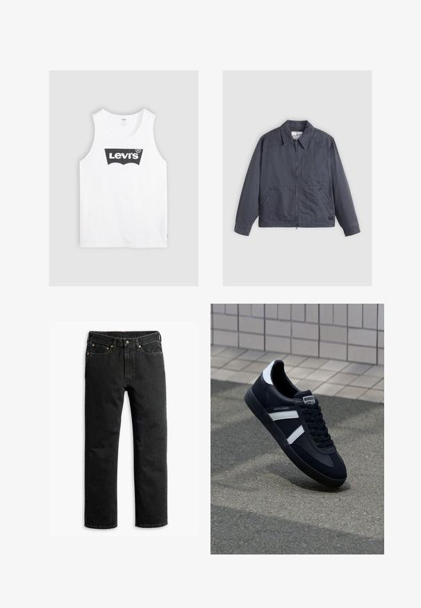 Dunkelgrau Jacke mit durchgehendem Reißverschluss, spitzem Kragen, zwei Seitentaschen und feinen Nähten. Hergestellt aus einem glatten Stoff.; Weißes Baumwoll-Trägershirt mit einem schwarzen Levi's-Logo in der Mitte. Einfaches Design mit rundem Halsausschnitt und weiten Armausschnitten.; Schwarze Jeans im geraden Schnitt mit fünf Taschen, Gürtelschlaufen und einem Knopfverschluss an der Taille, flach auf einem weißen Hintergrund ausgelegt.; Schwarze Leder-Sneaker mit weißen Streifen, strukturiertem Gummisohle und Schnürung. Verfügt über ein Markenetikett auf der Zunge.
