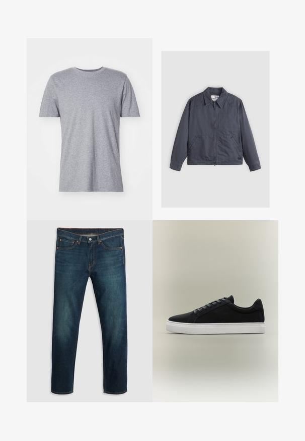 Dunkelgrau Jacke mit durchgehendem Reißverschluss, spitzem Kragen, zwei Seitentaschen und feinen Nähten. Hergestellt aus einem glatten Stoff.; Graues, kurzärmliges T-Shirt aus einem Baumwollmischgewebe, das über einen klassischen Rundkragen verfügt und eine glatte, weiche Textur aufweist.; Dunkelblaue Jeans aus Denim mit geradem Bein, fünf Taschen, Kupfersteppung und einem Logo am hinteren Bund. Glatte Textur und klassischer Schnitt.; Schwarzer Low-Top-Sneaker mit weißer Gummisohle, Schnürdesign und gepolstertem Kragen, dargestellt auf neutral grauem Hintergrund.