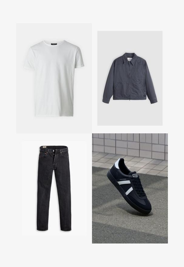Chaqueta gris oscuro con cierre de cremallera en la parte frontal, collar puntiagudo, dos bolsillos laterales y detalles de costura sutiles. Fabricada con una tela suave.; Camiseta blanca de manga corta y cuello redondo, hecha de algodón con una textura suave. Presenta una etiqueta en el cuello. Diseño simple y liso.; Vaqueros negros de tiro alto con pierna recta, bragueta con botones y diseño de cinco bolsillos, extendidos sobre fondo blanco.; Zapatilla de cuero negra con rayas blancas, suela de goma texturizada y parte frontal con cordones. Cuenta con una etiqueta de marca en la lengüeta.