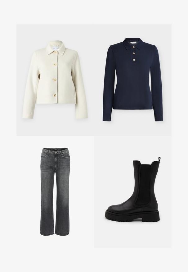 Veste crème en mélange de laine avec un col, quatre grands boutons clairs et des manches longues. Texture lisse et coupe courte.; Polo bleu marine à manches longues avec trois boutons dorés et un col classique, présenté sur un fond clair uni.; Jeans larges en denim gris foncé, présentant un design classique à cinq poches, des coutures décoratives et une fermeture à bouton à la taille.; Bottines noires mi-mollet en cuir lisse avec des panneaux latéraux élastiques. Semelle en caoutchouc épaisse avec un motif de grip et une languette en tissu à l'arrière.