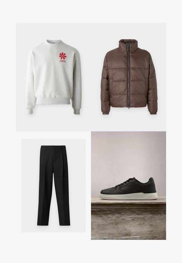 Brun pufferjakke med høj krave, quiltet design, sidelommer og en frontlynlås; lavet af skinnende, glat stof.; Lysegrå sweatshirt med ribbede manchetter og kant. Har et rødt grafisk logo på venstre brystområde. Lavet af blødt stof.; Sorte bukser med lige ben, frontknapper og bæltestropper, vist på en ensfarvet lys baggrund.; Sort sneaker med hvid sål hængende over en træbænk, grønne blade i den slørede baggrund.