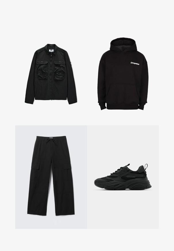 Veste noire légère avec fermeture éclair intégrale à l'avant, deux poches poitrine boutonnées et deux poches basses zippées, col rabattu.; Sweatshirt noir à capuche avec poche avant et logo "Dropsize" blanc sur la poitrine gauche.; Pantalon cargo large noir avec poches avant, poches à rabat sur les cuisses, passants de ceinture et taille à cordon, posé à plat sur un fond blanc.; Baskets de sport noires avec une semelle épaisse, des panneaux en mesh et des accents en caoutchouc. Elles disposent d'une sangle de traction à l'arrière et de motifs texturés.