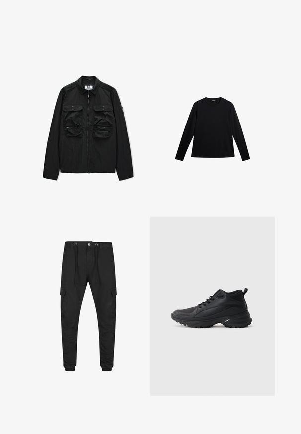 Sort let vægt jakke med fuld lynlås foran, to brystlommer med knapper og to nederste lommer med lynlås, krave foldet ned.; Sort langærmet T-shirt lavet af glat stof, med rund hals og et diskret logo på fronten, i en afslappet pasform.; Sorte smalle cargobukser med elastiske manchetter, for-lynlås og knaplukning, snøre i taljen og klaplommer på hvert lår.; Sorte atletikskøjter lavet af syntetisk materiale. Har en polstret krave, rund tå, robust ydersål med godt greb og detaljer med mærkelogo.