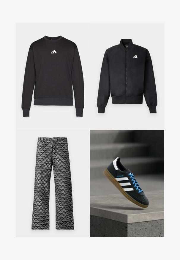 Sort bomberjakke med lynlås foran, ribstrikkede manchetter og et lille hvidt logo på venstre bryst. Glat stof med en struktureret pasform.; Sort sweatshirt med lange ærmer, ribbede manchetter og kant; har et hvidt Adidas-logo på brystet, fremstillet af blødt, tekstureret stof.; Bukser med brede ben i sort og grå med et struktureret løvmønster. Har klassisk design med fem lommer og lukning med metal knap.; Sort Adidas sneaker med hvide striber, blå snørebånd og gummisål, der svæver over gråt betontrin i blødt lys.